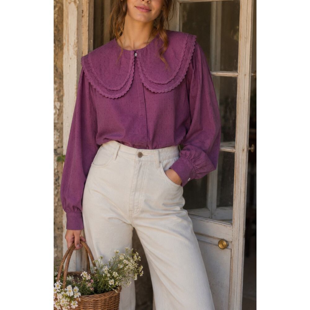 Sonmer Cotton Swiss Dot Blouse Purple Peter Pan Collar Cottagecore Large